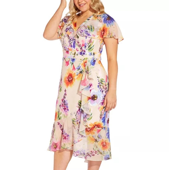 Adrianna Papell Floral Ruffled Faux Wrap Midi Dress - Picture 2 of 7